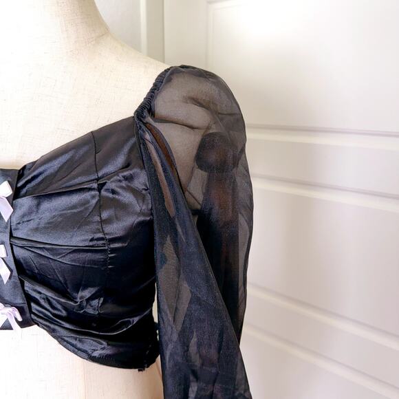 Women's French Long Sleeve Crop Blouse in Satin (Black) - Picture 5 of 7